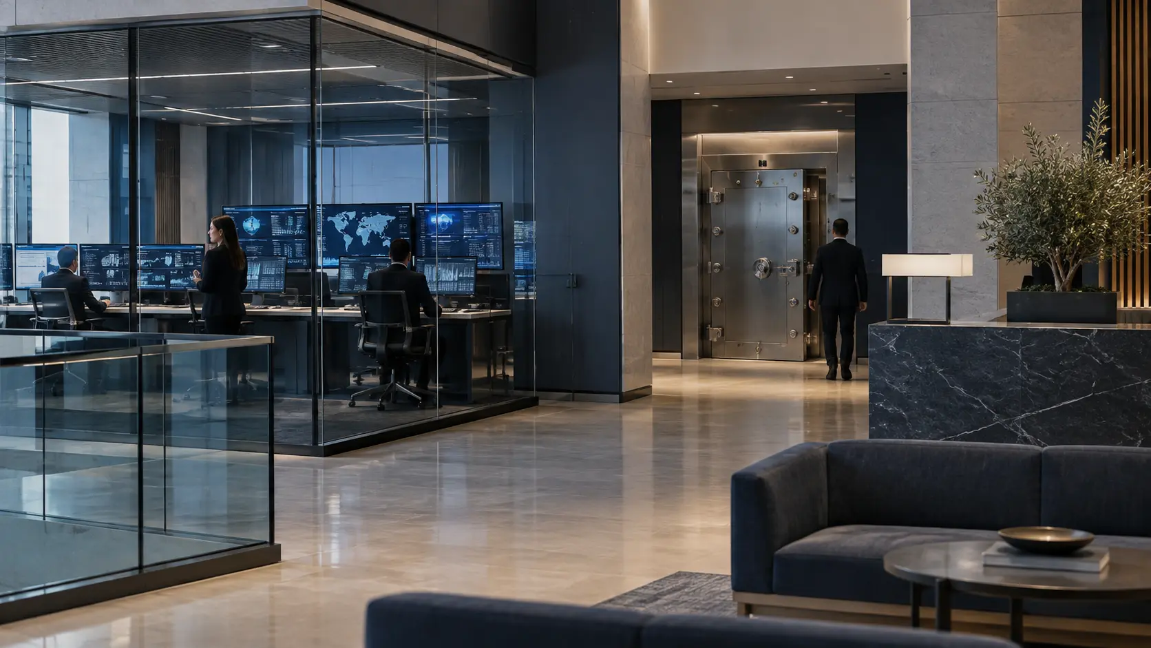 Ambiente corporativo financeiro com infraestrutura operacional segura