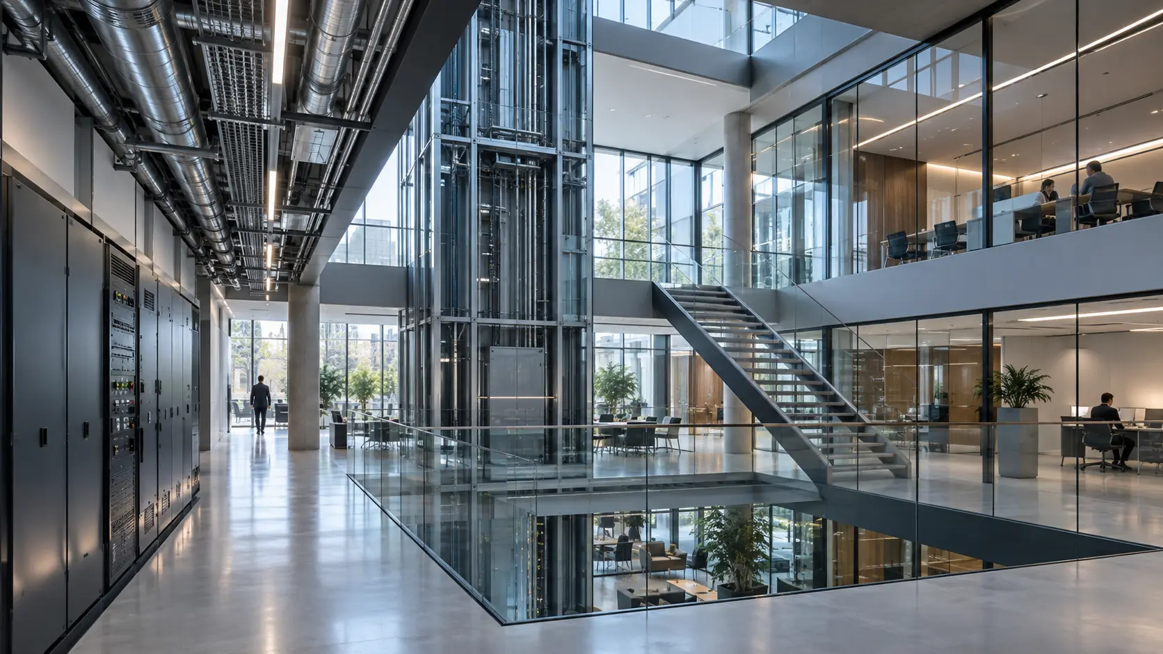 Infraestrutura técnica integrada a um edifício corporativo contemporâneo