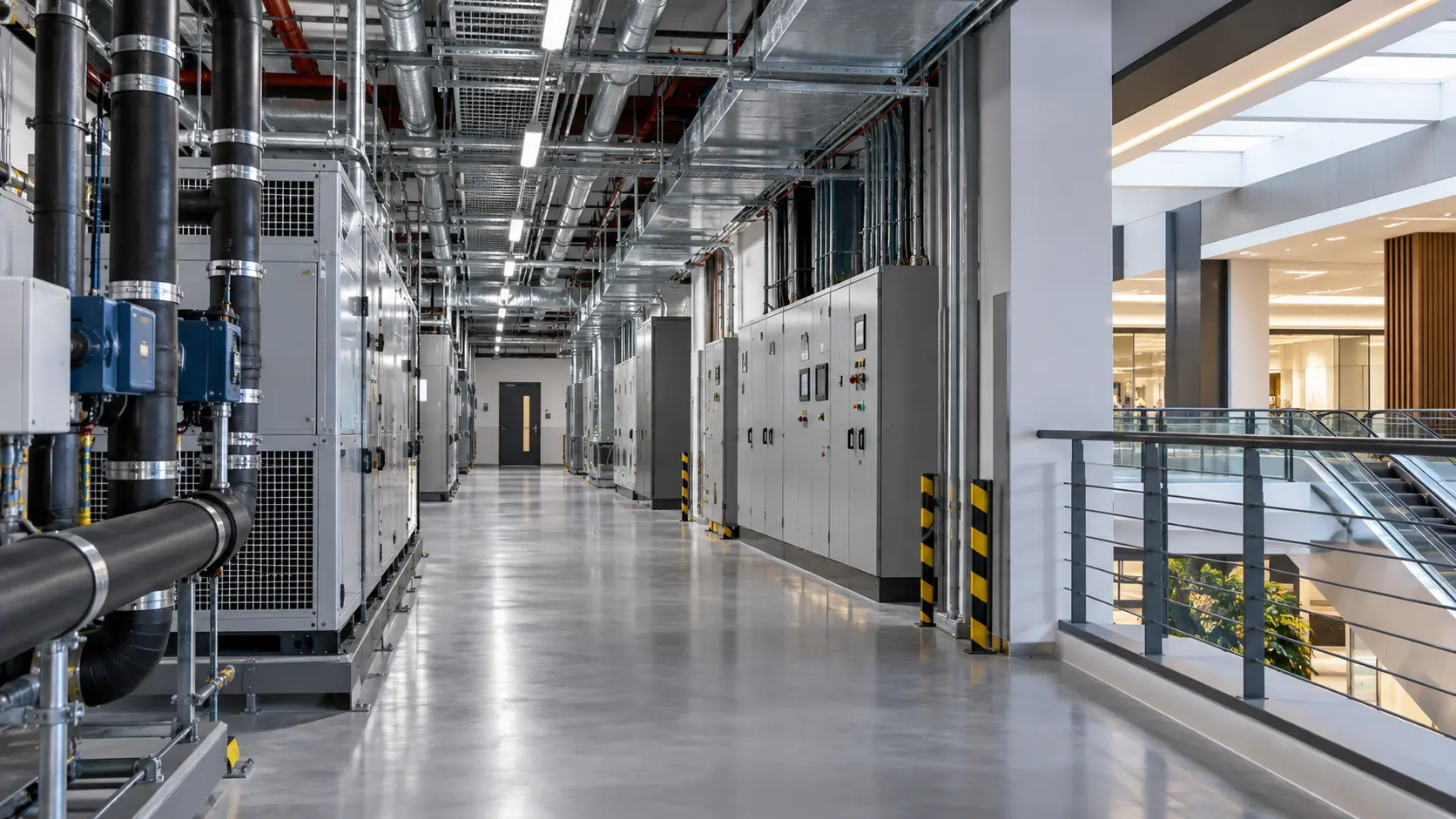 Área técnica integrada a um empreendimento comercial moderno