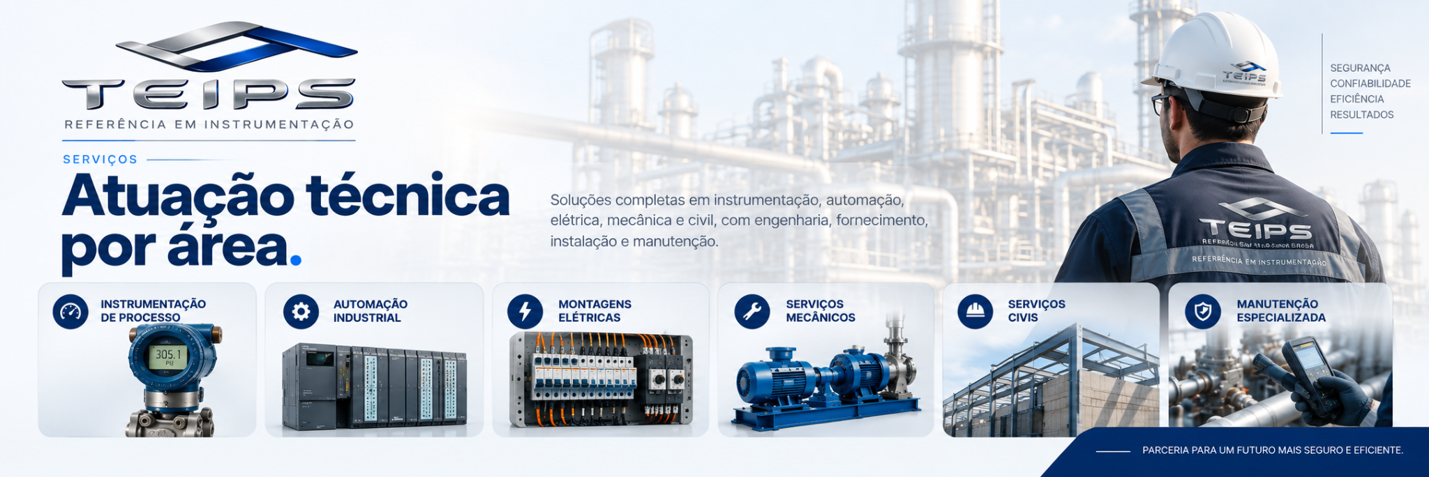 Atuação técnica da TEIPS em instrumentação, automação, elétrica, mecânica, civil e manutenção especializada